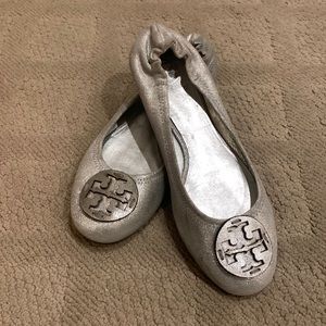 Tory Burch silver ballet shoes, size 8